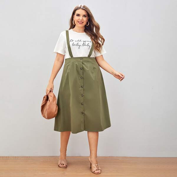 

Plus Button Front Suspender Skirt, Army green