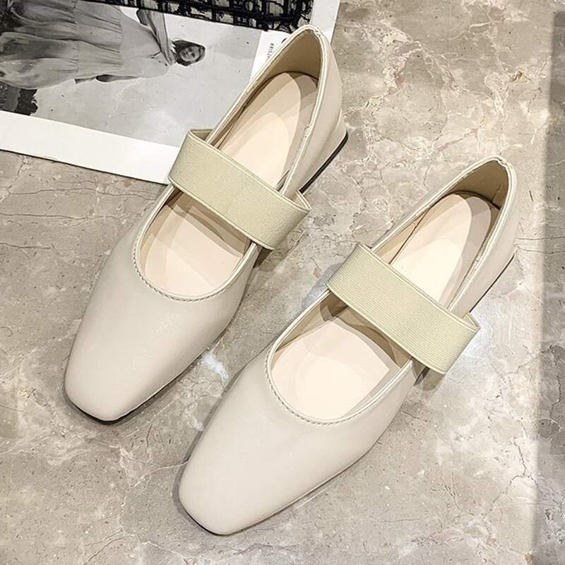 

Square Toe Mary Jane Flats, Beige