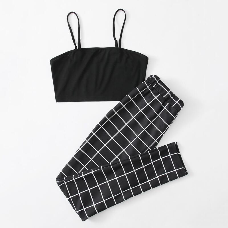

Solid Crop Cami Top & Plaid Pants, Black