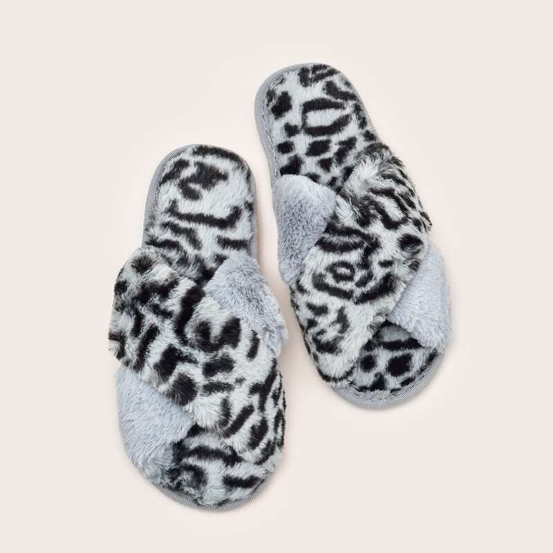 

Leopard Cross Strap Fluffy Slippers, Multicolor