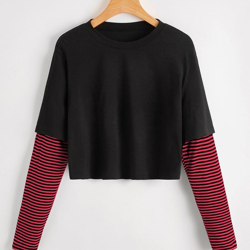 

Striped Sleeve 2 In 1 Tee, Black