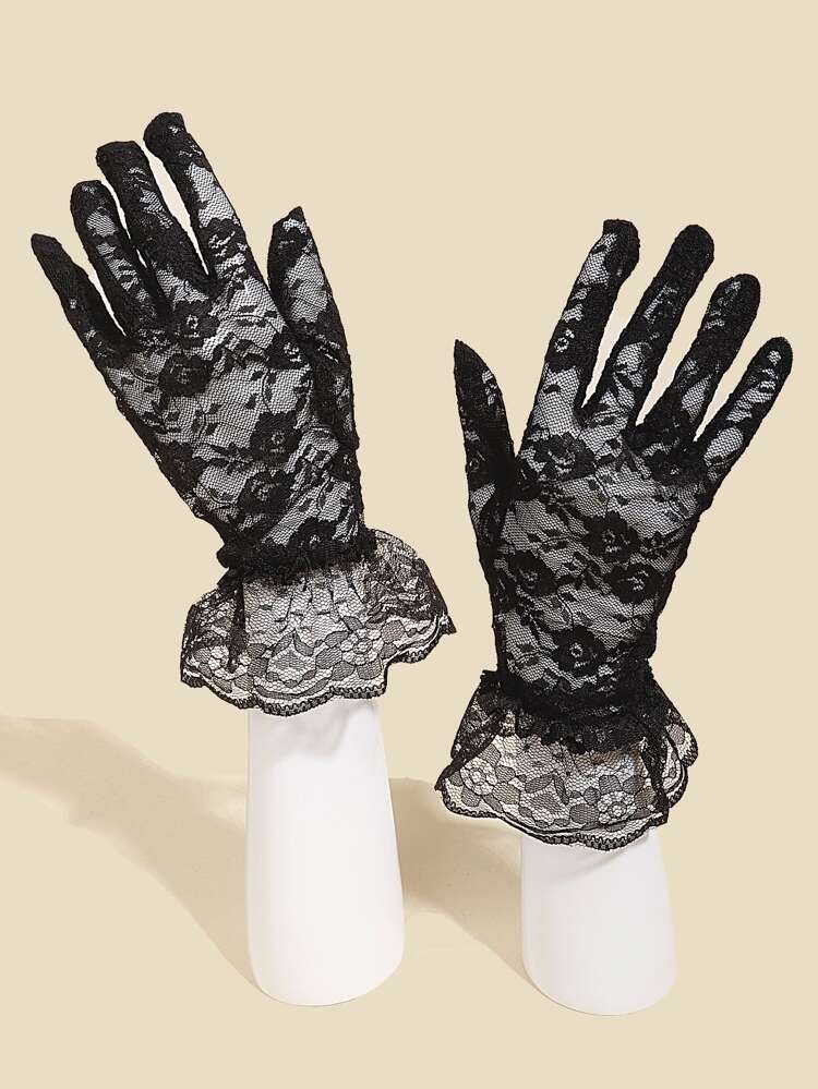 Black Floral Print Lace Gloves