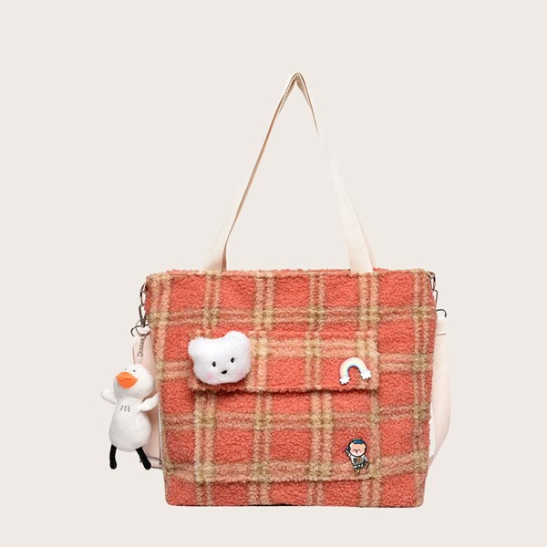 

Girls Cartoon Charm Plaid Tote Bag, Multicolor