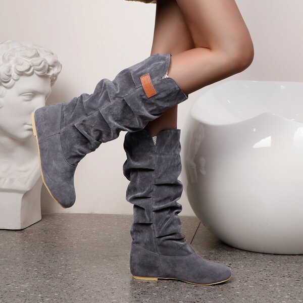 

Round Toe Letter Patch Slouchy Boots, Grey