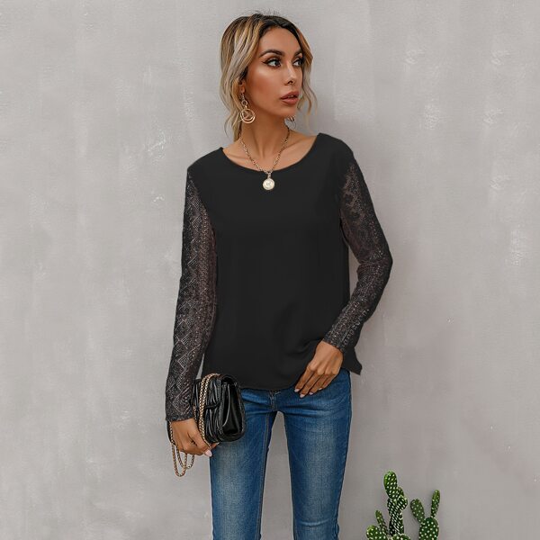 

Tied Backless Embroidered Mesh Sleeve Top, Black