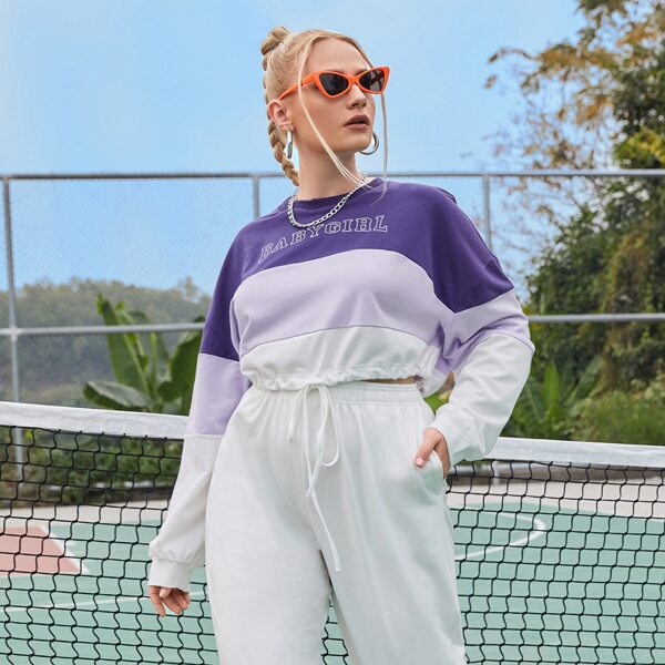 

Plus Letter Graphic Color Block Drawstring Hem Sweatshirt, Purple