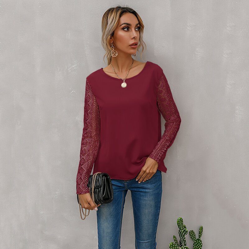 

Tied Backless Embroidered Mesh Sleeve Top, Burgundy