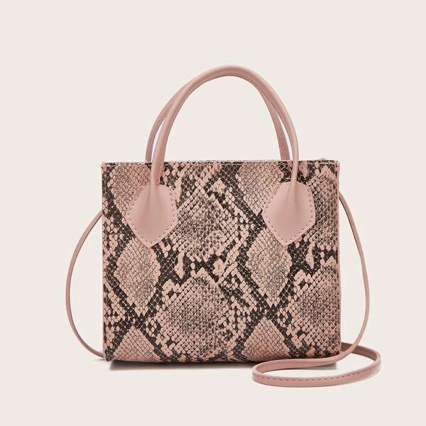 

Snakeskin Print Satchel Bag, Baby pink