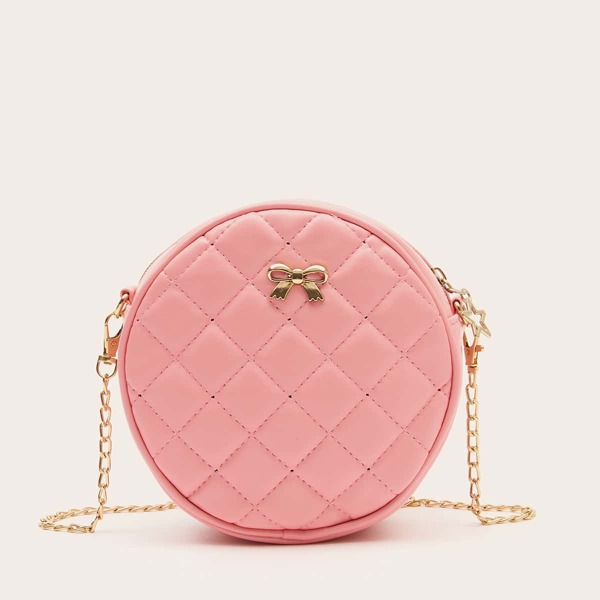

Metal Bow Decor Quilted Circle Bag, Pink