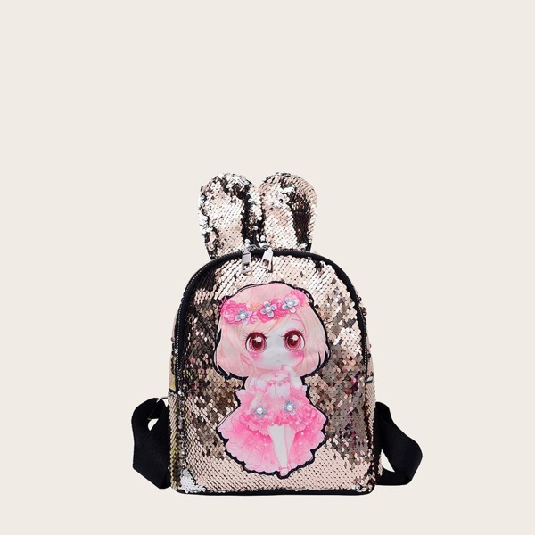 

Girls Sequins Decor Figure Graphic Backpack, Gold