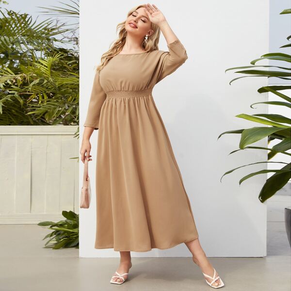 

Plus Solid Shirred Waist A-line Dress, Khaki