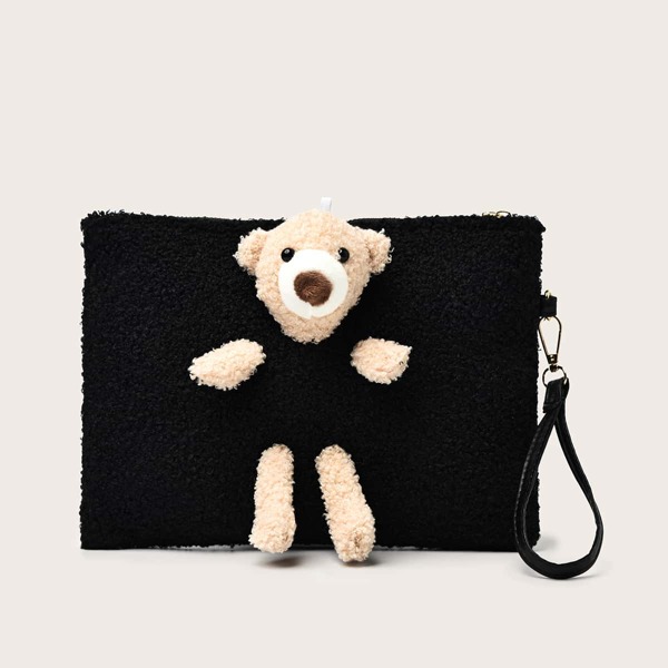 

Plush Bear Decor Fluffy Clutch Bag, Black