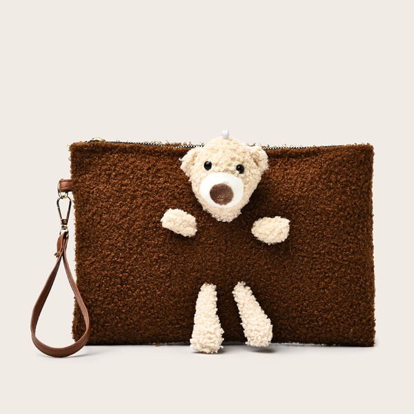 

Plush Bear Decor Fluffy Clutch Bag, Brown