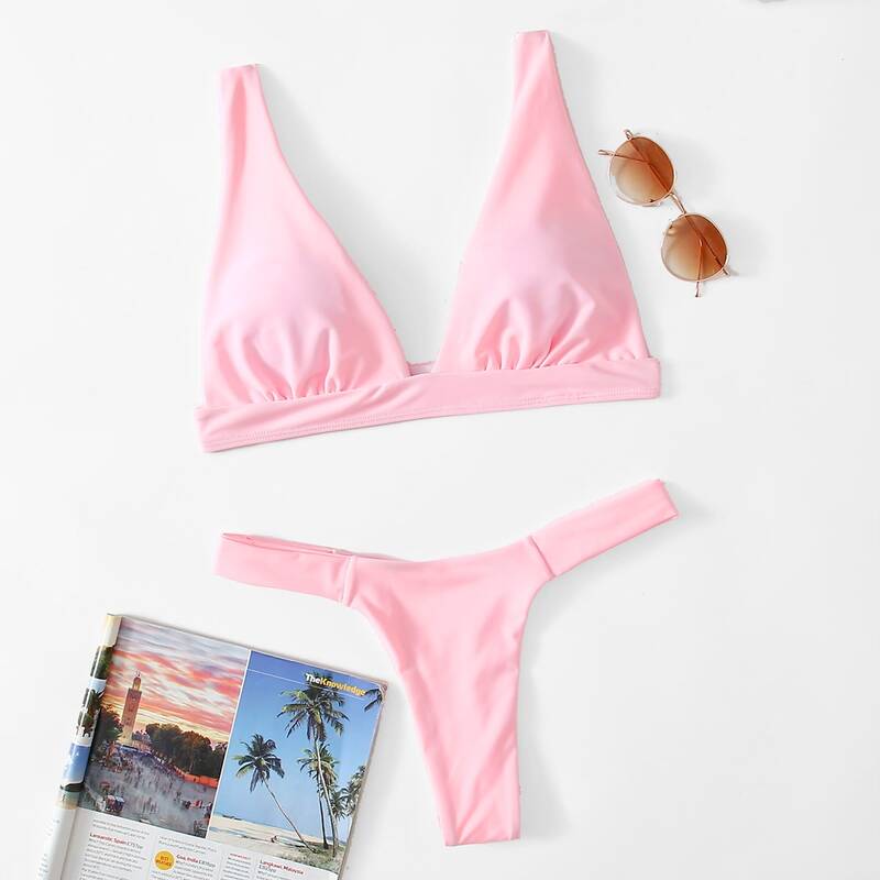 

Solid High Cut Bikini Swimsuit, Baby pink