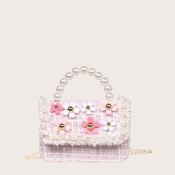 

Girls Flower & Faux Pearl Decor Satchel Bag, Pink