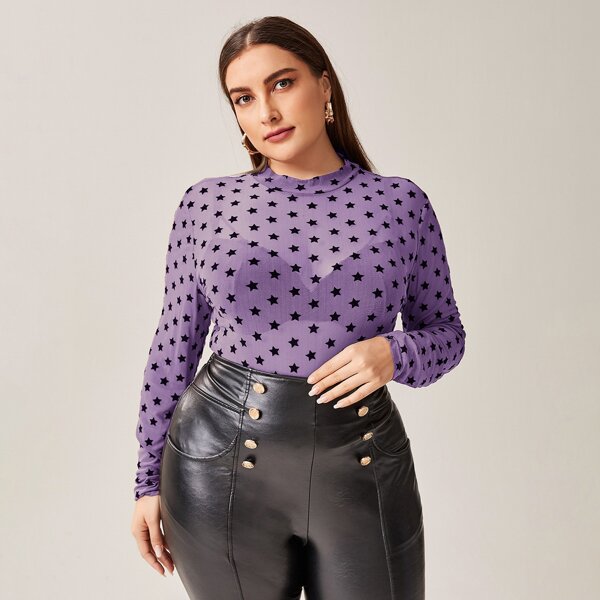

Plus Star Print Sheer Mesh Top Without Bra, Mauve purple
