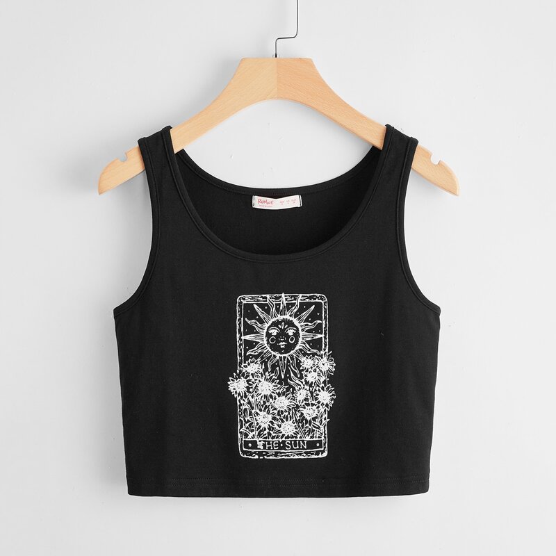 Letter Sun & Flower Graphic Tank Top, Black