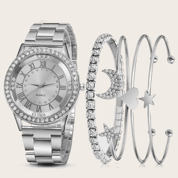 

1pc Rhinestone Decor Dial Quartz Watch & 4pcs Bracelet