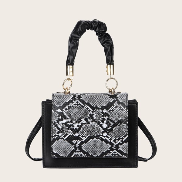 

Snakeskin Print Ruched Handle Satchel Bag, Black