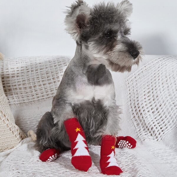 

4pcs Christmas Tree Pattern Anti-slip Pet Socks, Red