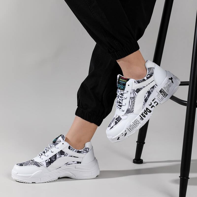 

Lace-up Front Letter Graphic Chunky Sneakers, White