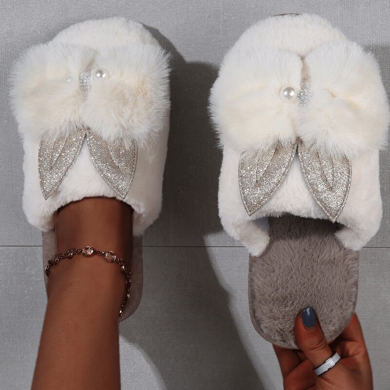 

Faux Pearl Decor Fluffy Slippers, White