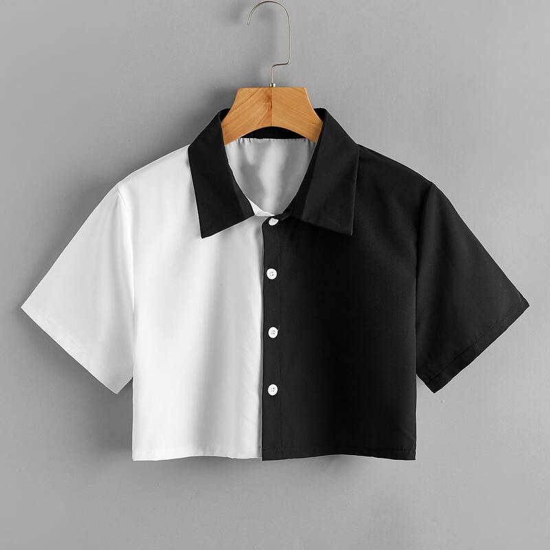 

Colorblock Button Front Crop Blouse, Black and white