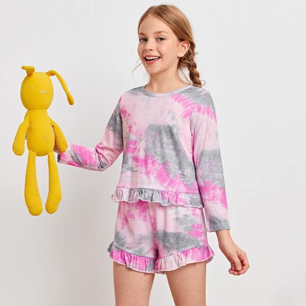 

Girls Tie Dye Ruffle Hem Tee & Shorts PJ Set, Multicolor