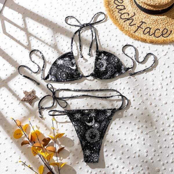 

Cartoon Print Halter Bikini Swimsuit, Black and white