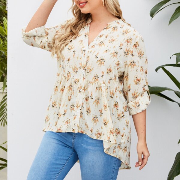 

Plus Ditsy Floral Dip Hem Tunic Blouse, Beige