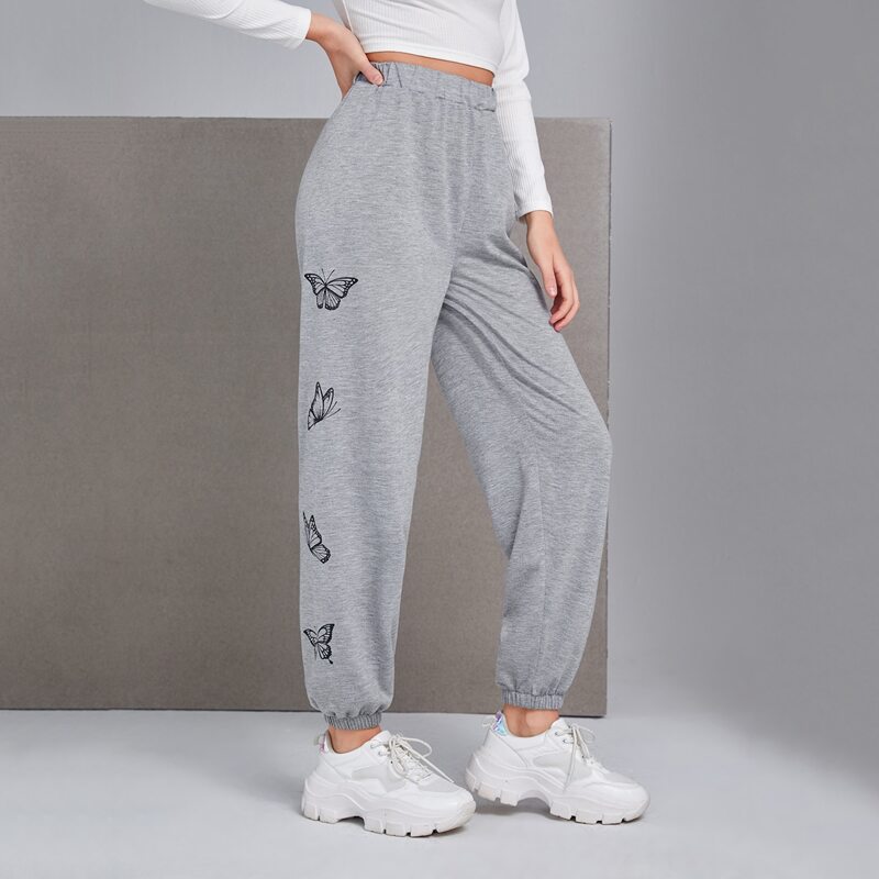 

Butterfly Print High Waist Sweatpants, Grey