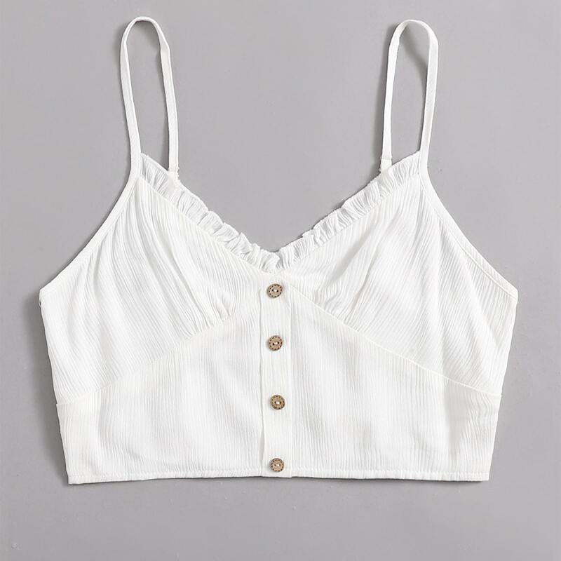 

Solid Button Front Crop Cami, White