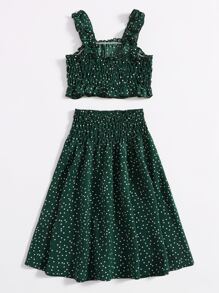 SHEIN 年輕女孩波點抽褶短款背心上衣和裙子