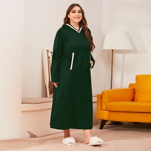 

Plus Striped Kangaroo Pocket Hooded Night Dress, Dark green