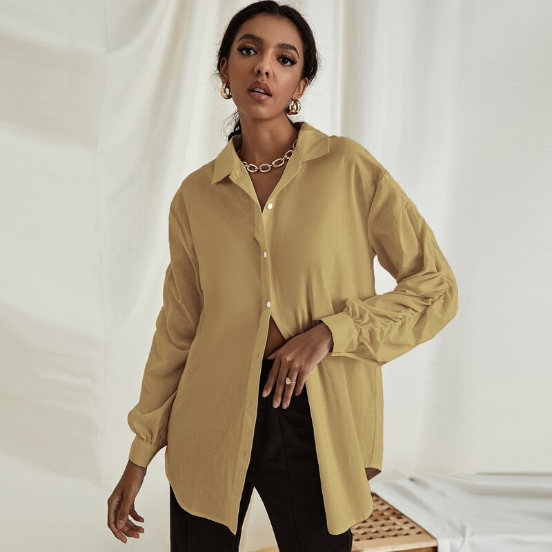 

Ruched Sleeve Longline Blouse, Khaki