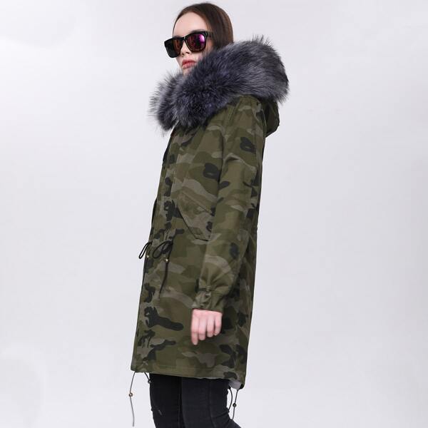 

Fuzzy Hooded Camo Drawstring Parka Coat, Multicolor