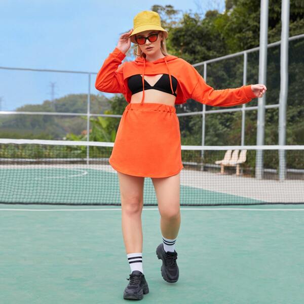 

Plus Drawstring Super Crop Hoodie & Skirt Without Bra, Orange