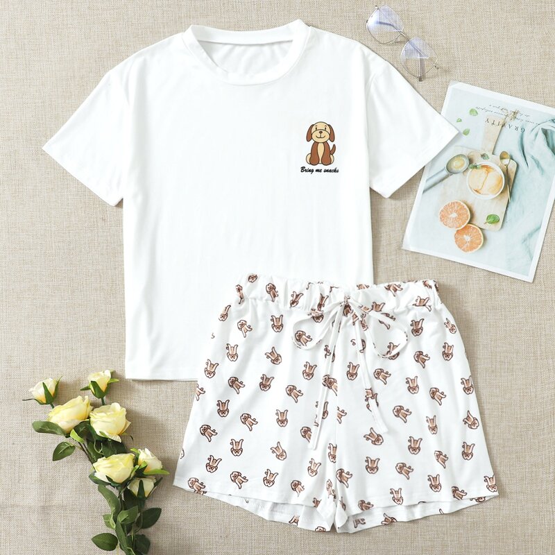 

Cartoon And Slogan Graphic Pajama Set, White