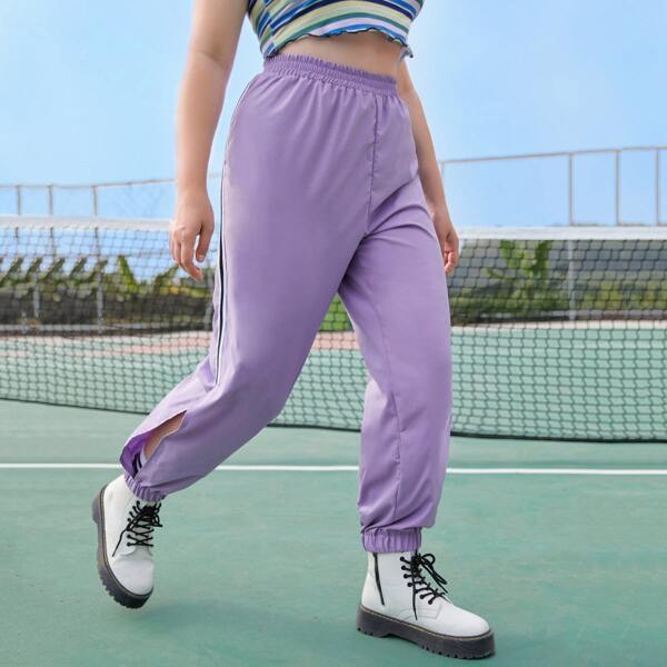 

Plus Striped Tape Side Split Sweatpants, Lilac purple