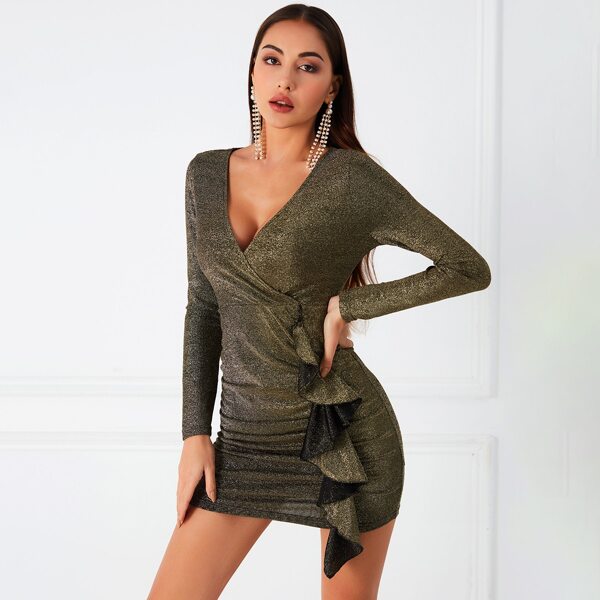 

Ruffle Detail Glitter Bodycon Dress, Dark green