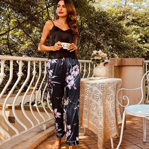 

3pcs Satin Contrast Lace Floral Print Cami Night Set, Multicolor