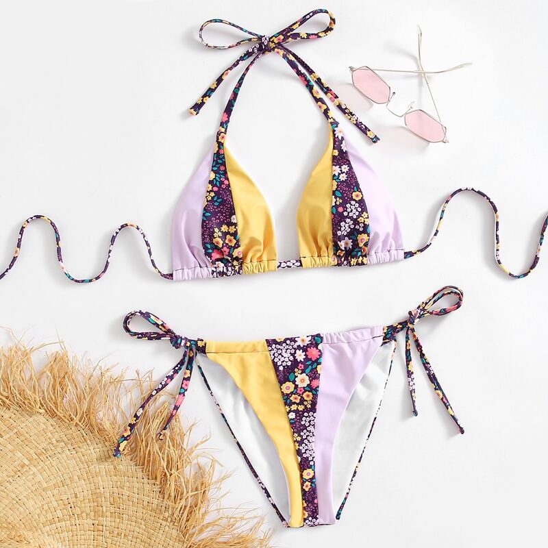

Ditsy Flower Colorblock Halter High Cut Bikini Swimsuit, Multicolor