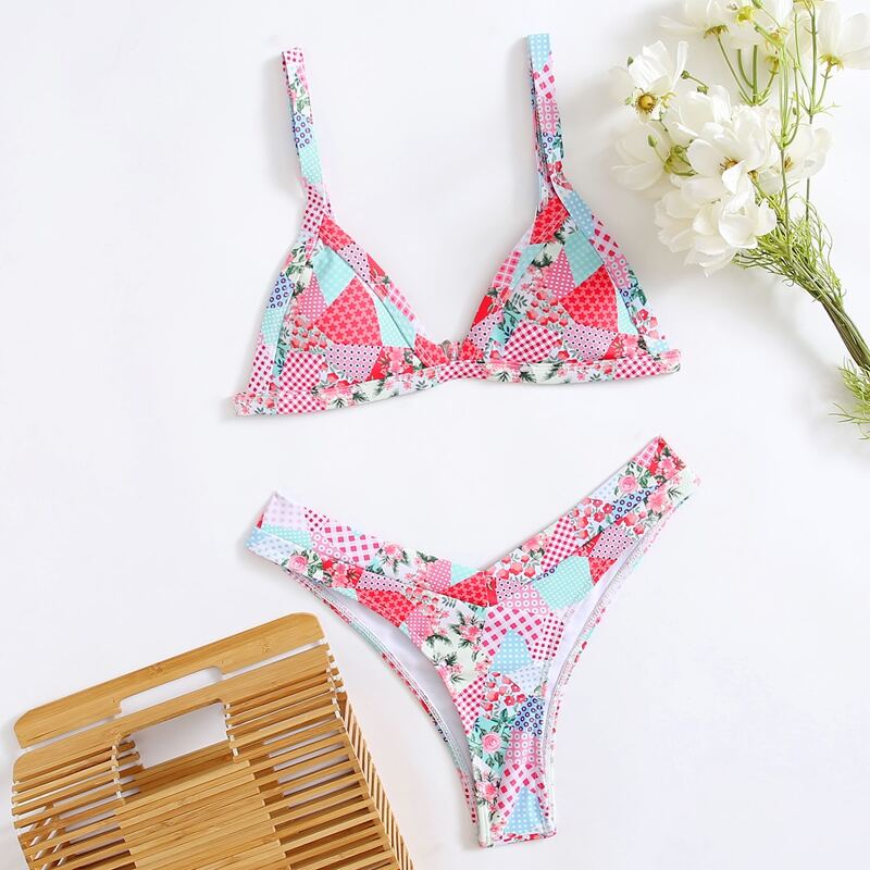 

Patchwork Triangle High Cut Bikini Swimsuit, Multicolor
