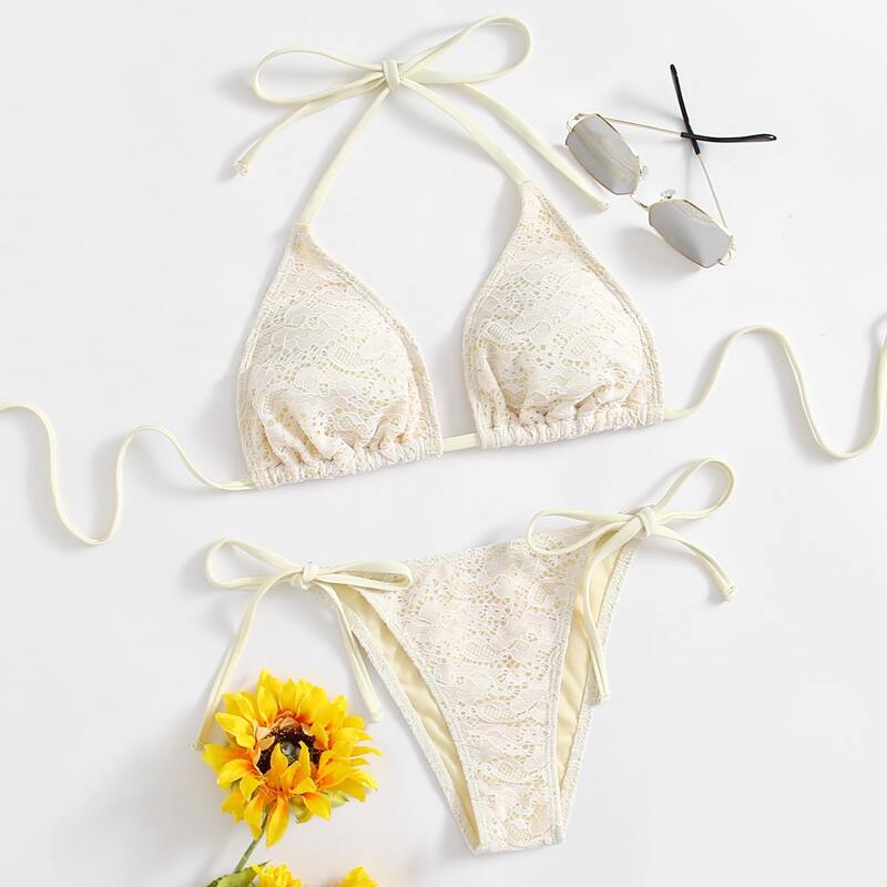 

Lace Halter Tie Side Bikini Swimsuit, Beige