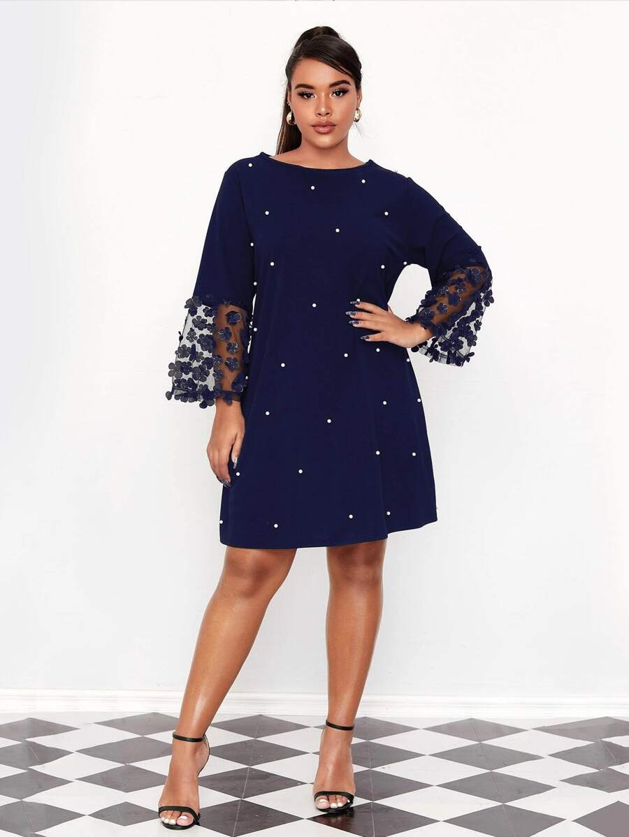 SHEIN Clasi Plus Appliques Pearls Beaded Tee Dress - Navy Blue - View 1