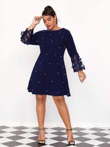 SHEIN Clasi Plus Appliques Pearls Beaded Tee Dress - Navy Blue - View 4