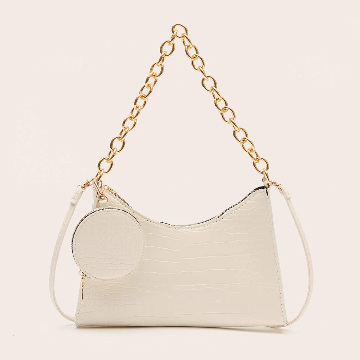 

Croc Embossed Baguette Bag With Coin Case, Beige