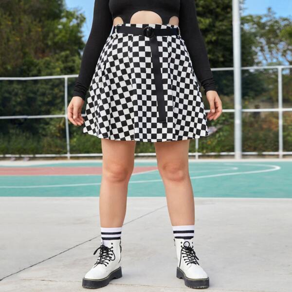 

Plus Checkerboard Plaid Belted A-line Skirt, Black and white
