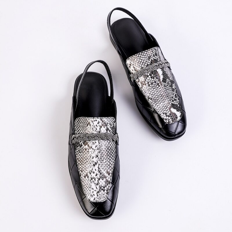 

Rhinestone Decor Snakeskin Print Slingback Flats, Black