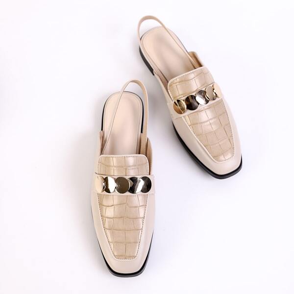 

Metal Decor Square Toe Slingback Flats, Beige